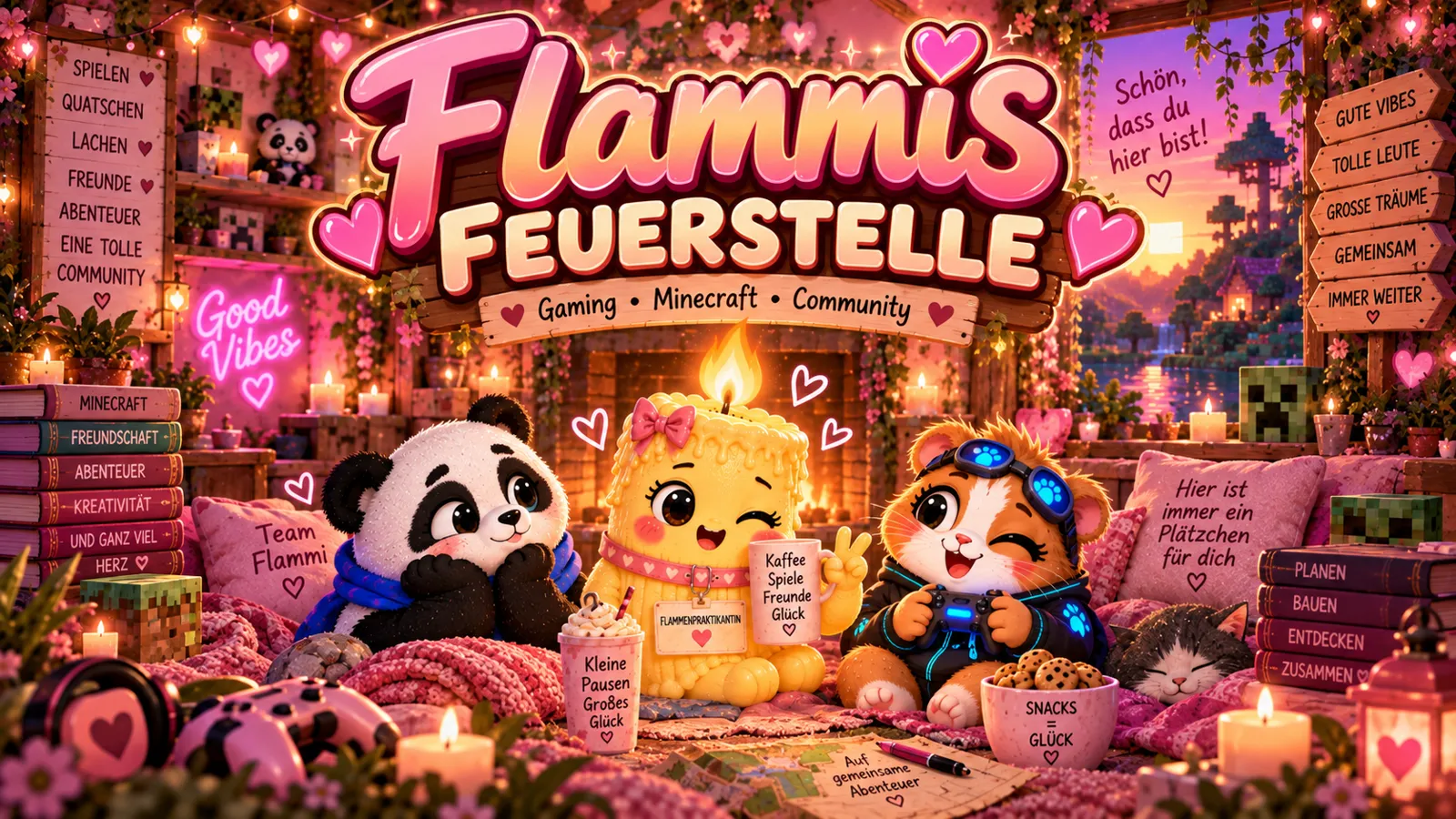 Flammis Feuerstelle: candle, panda and hamster on a sofa by a fireplace