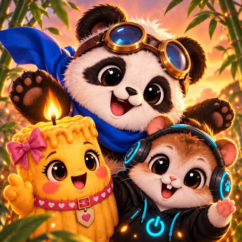 Team Flammi: the candle mascot, an aviator-goggle panda and a headphone-wearing hamster taking a selfie